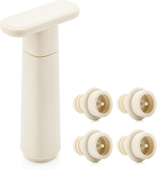 Wine Saver Vacuum Pump with 4 Stoppers, Wine Stopper & Preserver, Reusable Bottle Sealer Keeps Fresh, Ideal Accessories Gift, Flat Handle (Cream)