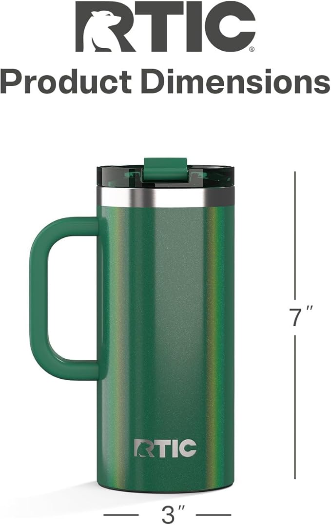 RTIC 16oz Road Trip Travel Mug with Lid and Handle, Ceramic Lined, Insulated, Stainless Steel, Metal, Double Wall Vacuum-Insulation, Portable Coffee, Tea Cup for Hot and Cold Drink, Pine Tree Glitter