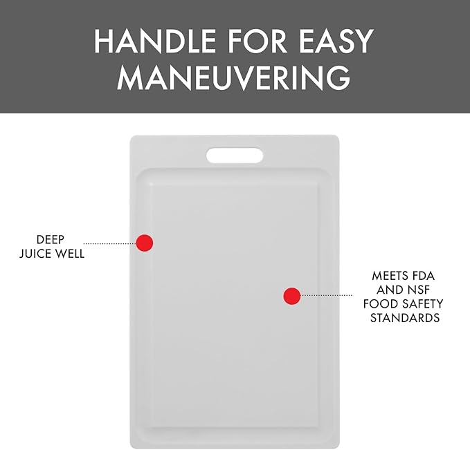 Dexas NSF Certified Polysafe Cutting Board, 12 x 18 Inches, Reversible Kitchen Cutting Board with Handle and Juice Well, White