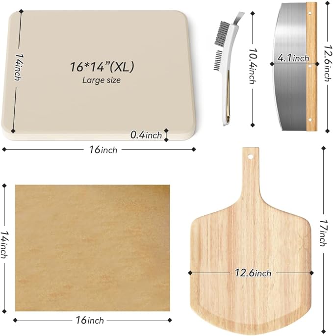 5 PCS Rectangle Pizza Stone Set, 16"Large Pizza Stone for Oven and Grill with Pizza Peel(OAK), Stone Brush,Pizza Cutter & 10pcs Cooking Paper for Free, Baking Stone for Pizza, Bread,BBQ