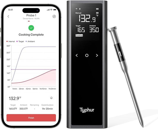 Typhur Sync One Gen 2 Smart Wireless Meat Thermometer with 6 Probes : Standalone Base with LCD Display, Unlimited WiFi & Bluetooth Range, ±0.5℉ Accuracy, Enhanced Signal Stability for BBQ, Grill, Oven