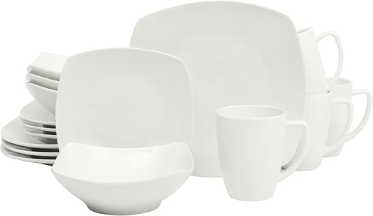 Gibson Home Zen Buffet Porcelain Chip and Scratch Resistant Dinnerware Plates, Bowls, and Mugs Set, Service for 4 (16pcs), White (Square Dishes)