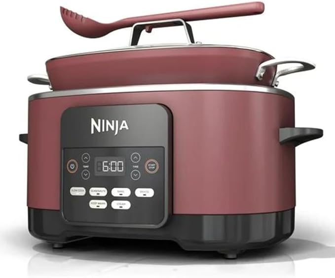 Ninja 10 in 1 PossibleCooker, 8.5 Qt, Electric Multi-Cooker, Slow Cooker, Dutch Oven, Steam Bake Roast Sear Sauté Bread Maker Warmer, Glass Lid, Integrated Spoon, Nonstick, Cherry (MC1000)