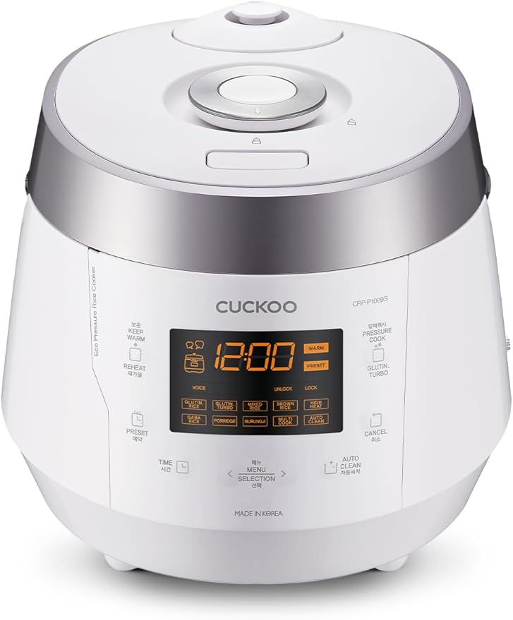 CUCKOO High Pressure Rice Cooker 10-Cup Uncooked / 20-Cup Cooked with Nonstick Inner Pot, Large Rice Maker with 13 Menu Options and Steam Plate, Fuzzy Logic Tech, Voice Guide, White (CRP-P1009SW)