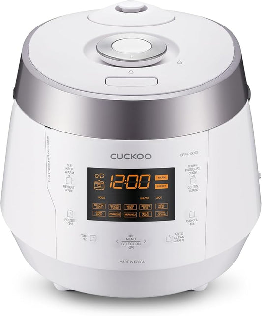 CUCKOO High Pressure Rice Cooker 10-Cup Uncooked / 20-Cup Cooked with Nonstick Inner Pot, Large Rice Maker with 13 Menu Options and Steam Plate, Fuzzy Logic Tech, Voice Guide, White (CRP-P1009SW)