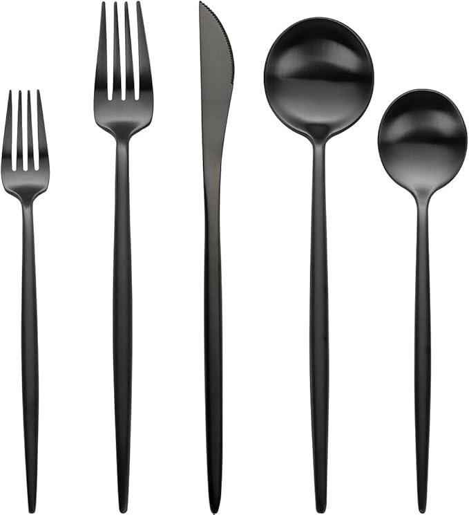 Devico Matte Silverware Set, 20-Piece 18/10 Stainless Steel Flatware Cutlery Utensils Tableware Set Service for 4, Satin Finish, Dishwasher Safe (4 sets, Black)