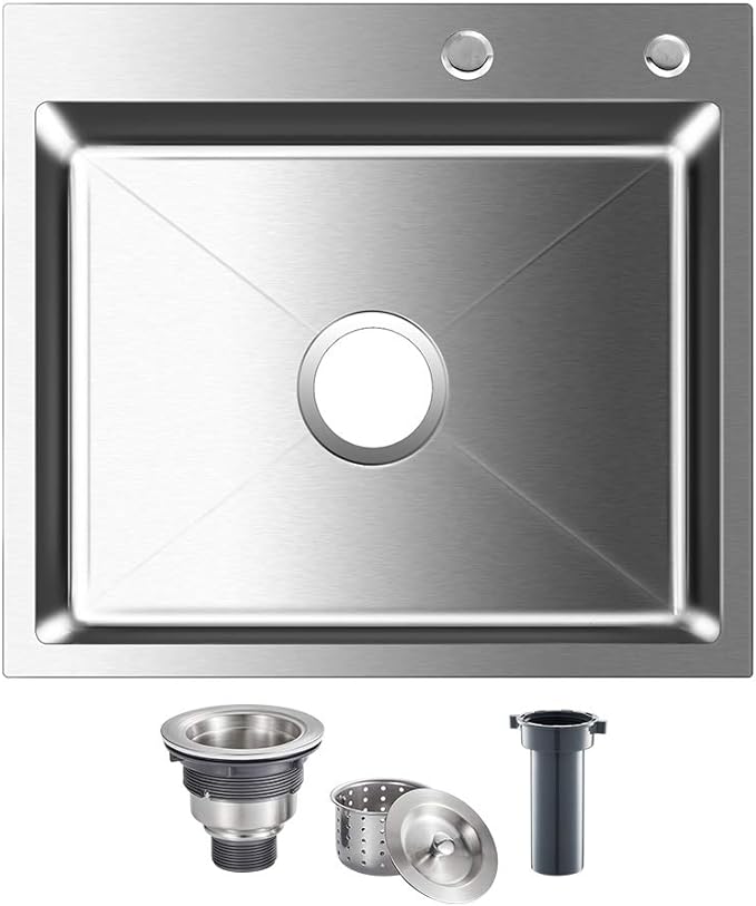 ROVOGO 21.7x17.7x8.7 in. Kitchen Sink Drop-in 304 Stainless Steel Single Bowl 2-Hole, Top Mount Handmade Bar Prep Sink, Brushed