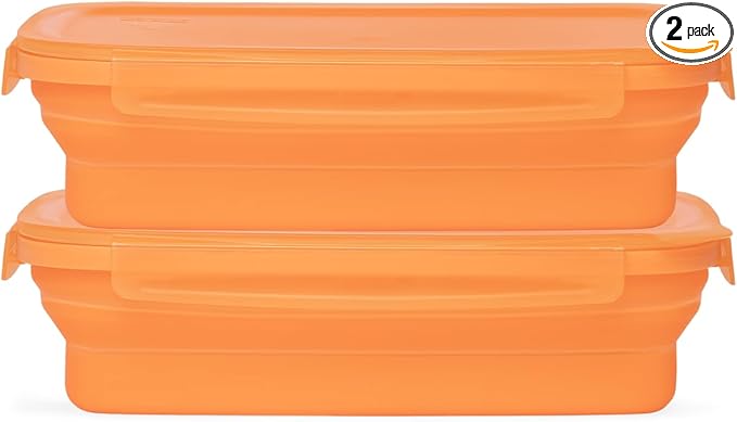 Drip EZ Secondz Collapsible Food Storage Containers – Set of 2, Space-Saving Airtight Meal Prep & Leftover Containers – Microwave, Freezer & Dishwasher Safe, BPA-Free, Locking Lids – Orange