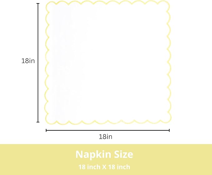 PurpleEssences Scalloped Embroidery Cloth Napkins Christmas Holiday Winter Table Decor 100% Cotton Set of 4-18 x 18 inch - White - Edges - Yellow