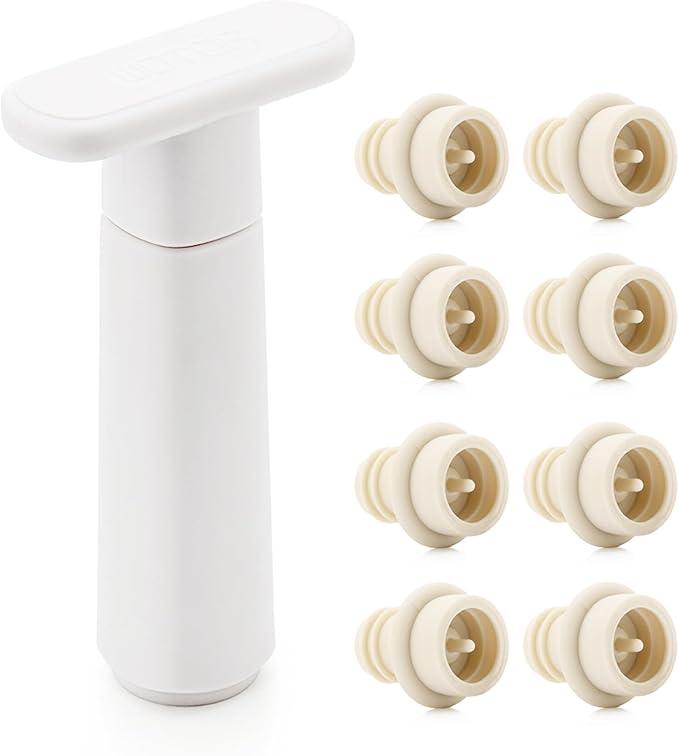Wine Saver Vacuum Pump with 8 Stoppers, Wine Stopper & Preserver, Reusable Bottle Sealer Keeps Fresh, Ideal Accessories Gift, Flat Handle (White)