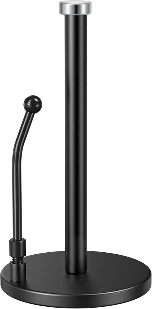 SMARTAKE Paper Towel Holder, Paper Towel Dispenser Standing Weighted Base Non Slip, Spring Arm Fit Most Size Paper Roll, Stainless Steel Paper Towel Holder for Home Kitchen Countertop Tabletop, Black