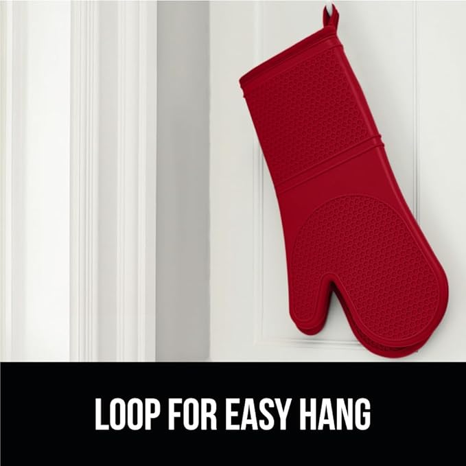 GORILLA GRIP BPA-Free Soft Silicone Oven Mitts, 14.5x8.3, Heat Resistant and Waterproof Cooking Gloves, Thick Cotton Lining, Flexible Gripping for Baking Grilling, Kitchen Potholders Set of 2, Red