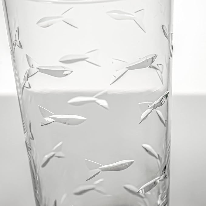 Rolf Glass School of Fish Highball Glass | Set of 2 15oz Cooler Glasses | Lead-Free Engraved Glass with Heavy Base | Proudly Made in the USA