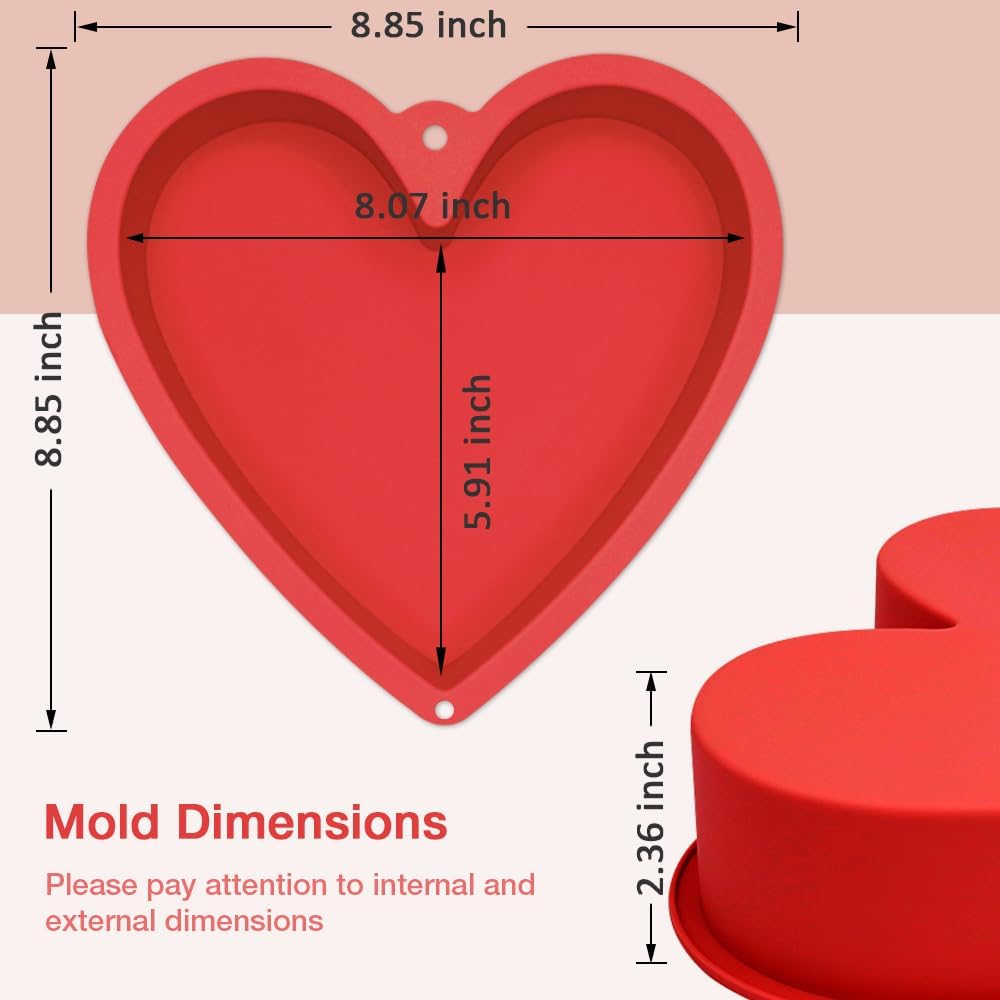 Alimat PluS 8 Inch Silicone Heart Shaped Cake Pans, 2 Pack Heart Cake Pan with Hanging Hole(Red)