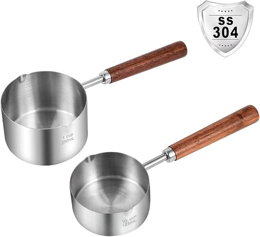 Kichwit Dog Food Scoop, 1 Cup and 1/2 Cup, 304 Stainless Steel Pet Food Scoop Measuring Cup with Wooden Handle, Set of 2