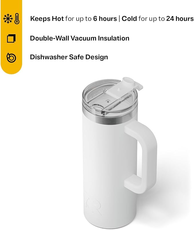 RTIC 20oz Road Trip Travel Mug with Lid and Handle, Ceramic Lined, Insulated, Stainless Steel, Metal, Double Wall Vacuum-Insulation, Portable Coffee, Tea Cup for Hot and Cold Drink, Cool Grey