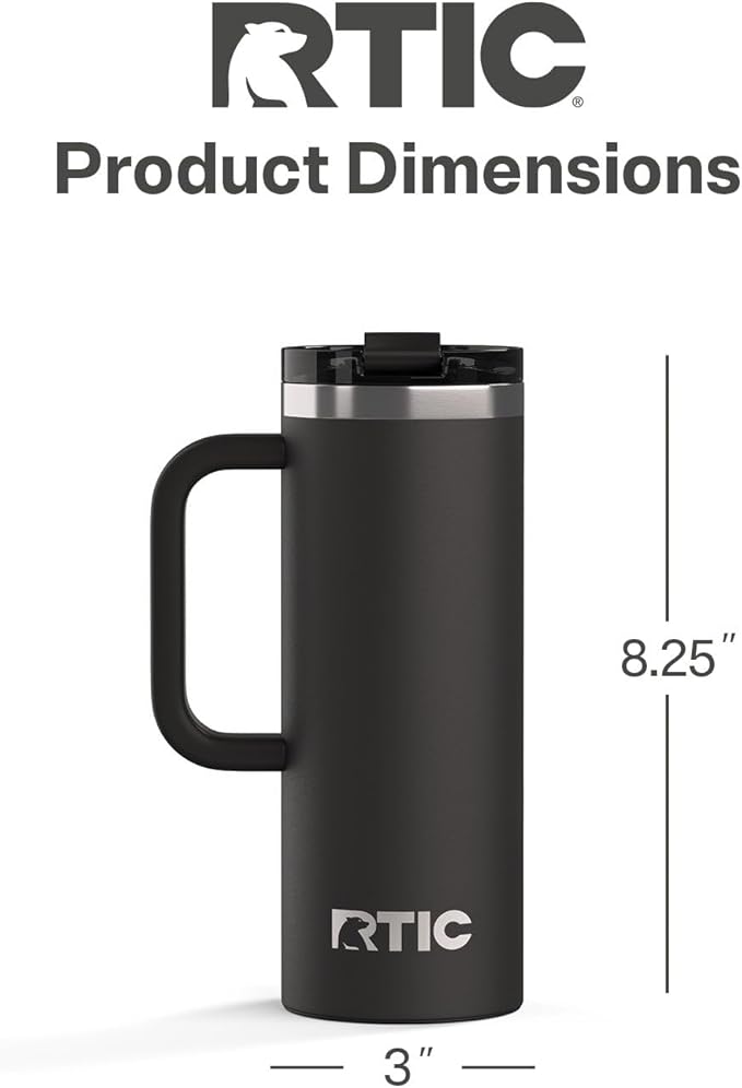 RTIC 20oz Road Trip Travel Mug with Lid and Handle, Ceramic Lined, Insulated, Stainless Steel, Metal, Double Wall Vacuum-Insulation, Portable Coffee, Tea Cup for Hot and Cold Drink, Black