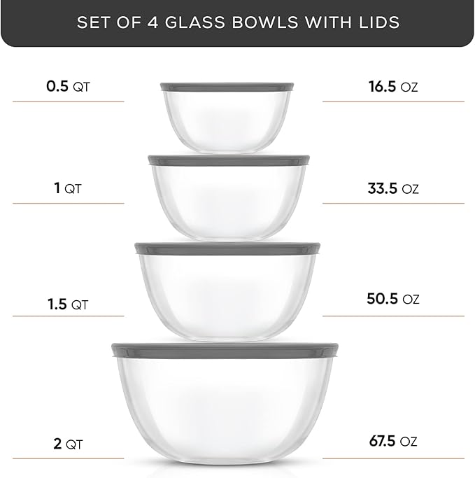 JoyJolt Kitchen Mixing Bowls - 8pc Glass with Lids Set – Neat Nesting Large Bowl Batter Cooking Storage and Big Salad BPA-Free Gray