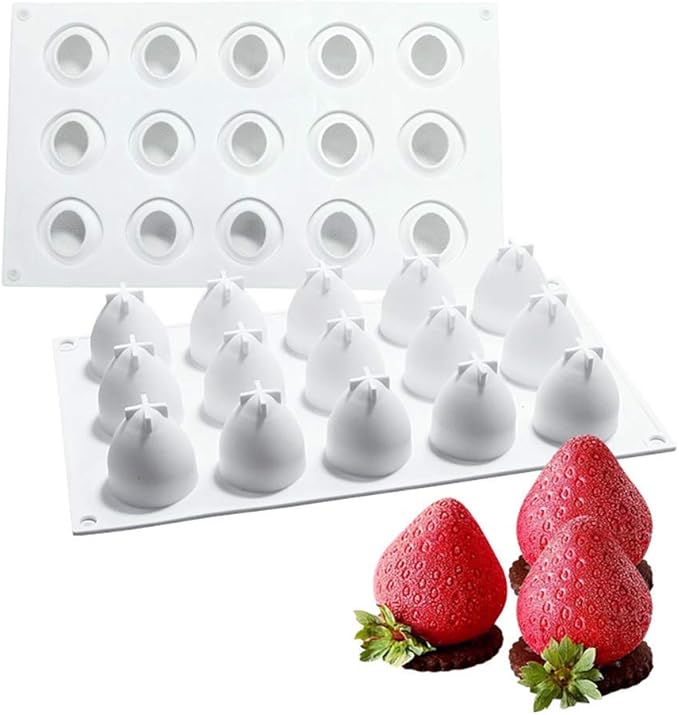 OCPO KITCHEN 3D Strawberry Silicone Mold for Baking Mousse Cake, Fruit Dessert, Pastry, Chocolate, Pudding, Ice Cream, Cake Decoration Mold, Strawberry Shape (15 Cavity)