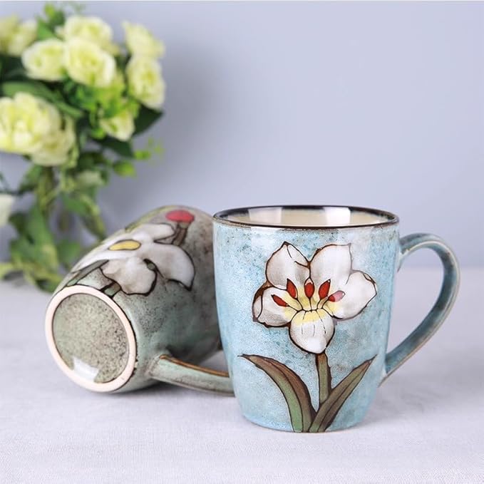 (Coffee mugs set of 4 + 4 Spoons) Hand-painted vintage style,Ceramics 12oz Cappuccino Mug,Tea mugs,Coffee cups,Microwave and Dishwasher Safe, Perfect For Espresso, Latte - Porcelain Mugs for cafe
