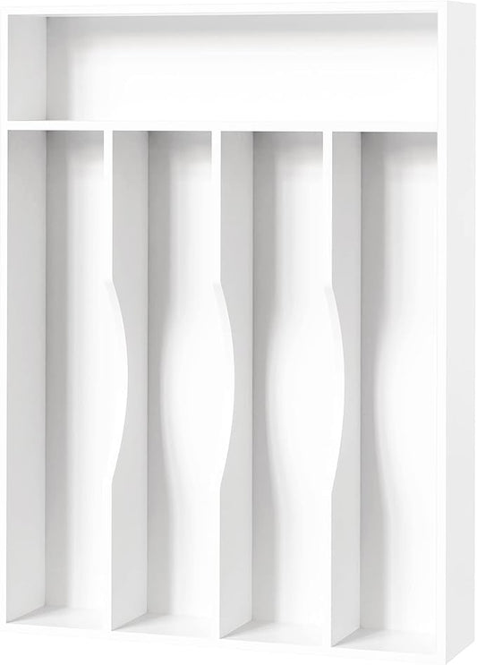 Bellsal White Utensil Organizer 10 Inch Silverware Tray for Drawer - 5 Compartment Small Narrow Bamboo