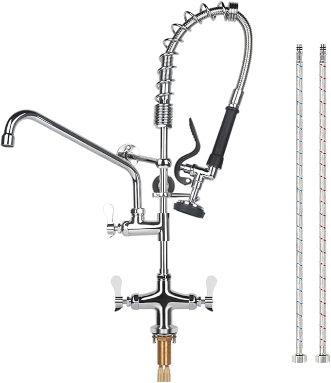 27 inch Height Deck Mount Commercial Faucet with Pre Rinse Sprayer, Single Hole Commercial Restaurant Kitchen Sink Faucet with 12” Swing Spout for Commercial Kitchens Restaurant Hotel