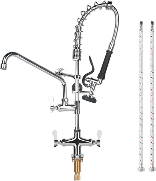 27 inch Height Deck Mount Commercial Faucet with Pre Rinse Sprayer, Single Hole Commercial Restaurant Kitchen Sink Faucet with 12” Swing Spout for Commercial Kitchens Restaurant Hotel