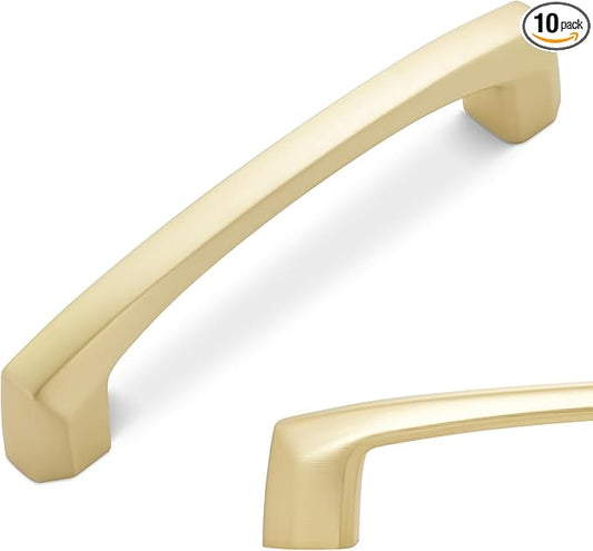 10 Pack 3-3/4 Inch Kitchen Cabinet Handles Brushed Brass Cabinet Pulls Zinc Alloy Drawer Pulls Solid Kitchen Hardware