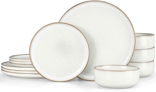 Herogo Plates and Bowls Set for 4, 12 Pieces Stoneware Dinnerware Sets, Double Reactive Glaze, Microwave & Dishwasher Safe, Scratch Resistant, Ivory White