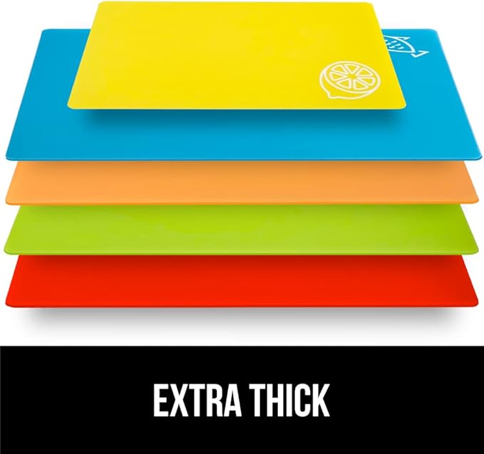 GORILLA GRIP 100% BPA-Free Flexible Cutting Board Set of 5, Durable Plastic Mats with Food Icons for Meal Prepping, Large and Mini Kitchen Chopping Mat, Use for Meat Fish Vegetables Fruit, Multicolor