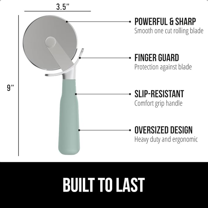 GORILLA GRIP BPA-Free Large Pizza Cutter Wheel, 9 Inch, Sharp Stainless Steel Blade, Slip Resistant Handle with Thumb Guard Protection, Slice Thick or Thin Pizzas, Pie, Pastries in Seconds, Mint