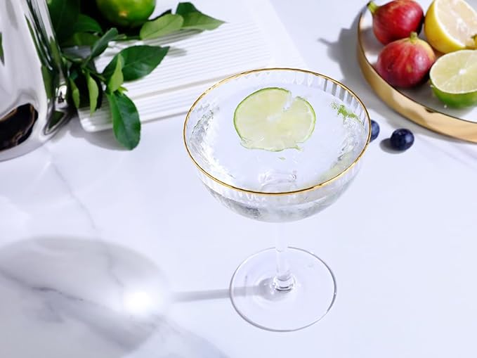 Premium Cheerfull Fluted Coupe Glasses, 10.7 oz Vintage Gold Rim, Hand-Blown Fine Glass – Elegant Barware for Cocktails, Parties & Home Entertaining (4)