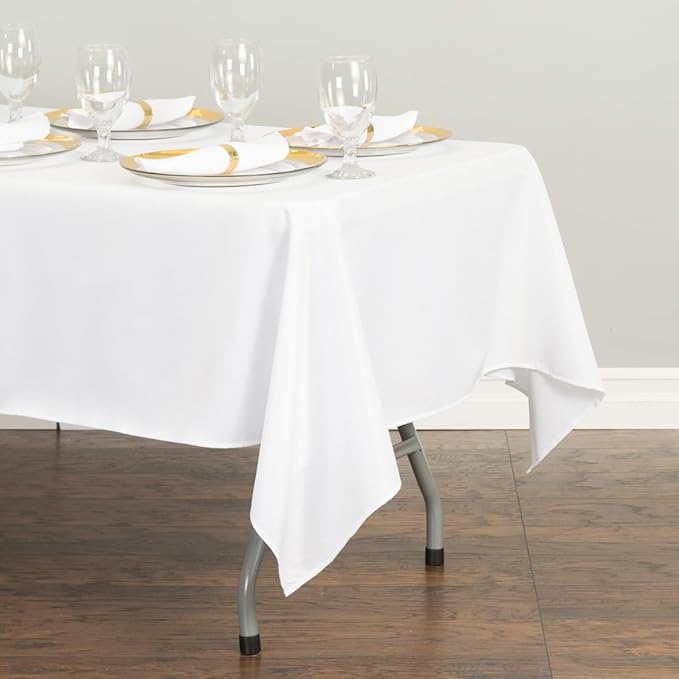 LTC LINENS 10 Pack White Rectangular Tablecloths 60 x 126 Inch for 8 Feet Rectangle Banquet Tables with Half-Drop - Stain and Wrinkle Resistant Polyester Fabric Cloth Table Covers for Party, Wedding