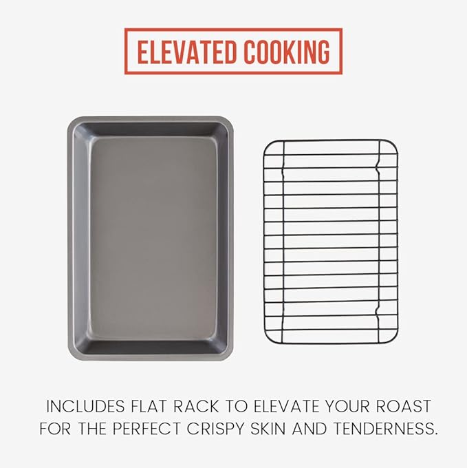 Chef Pomodoro Nonstick Carbon Steel Small Roasting Pan with Rack, Roasting Pan for Countertop Oven Baking, Single Serving, Grey (Mini)