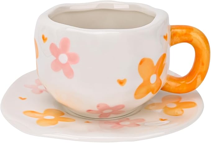 Koythin Ceramic Coffee Mug with Saucer Set, Cute Creative Orange Flower Cup Unique Irregular Design for Office and Home, 10 oz/300 ml for Latte Tea Milk