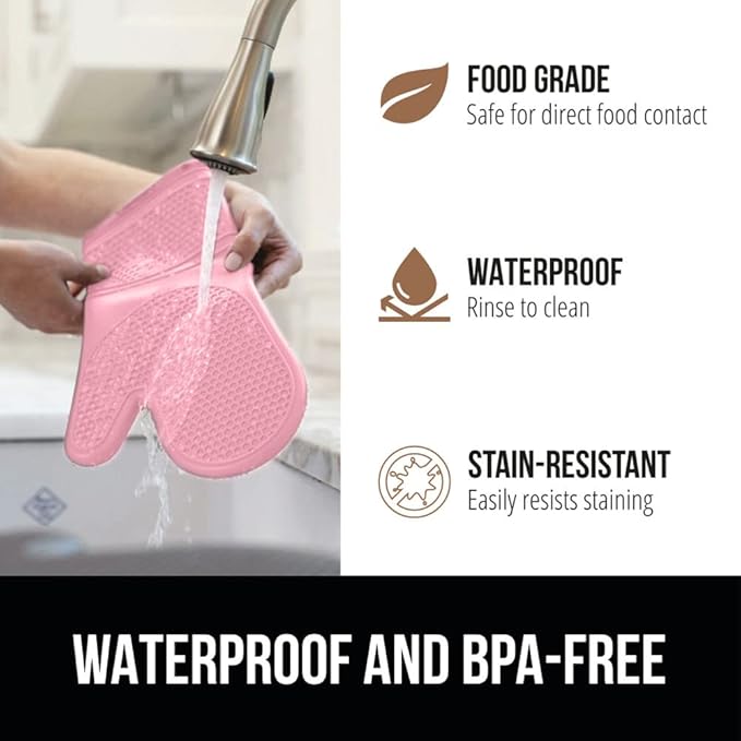 GORILLA GRIP BPA-Free Soft Silicone Oven Mitts and Pot Holders Sets of 4, Heat Resistant Waterproof Cooking Gloves, Thick Cotton Lining, Flexible Gripping for Baking Grilling, Kitchen Trivets, Pink