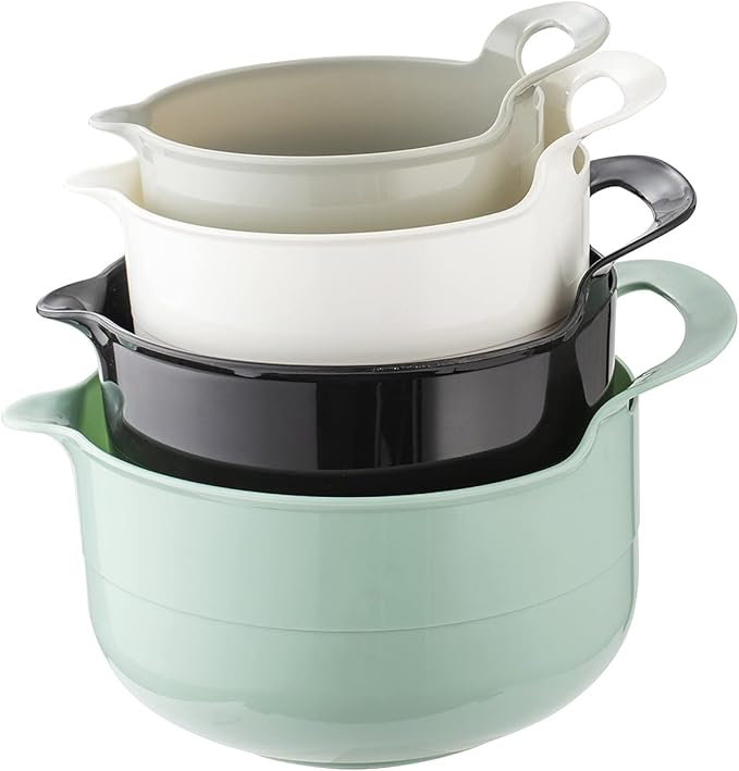 COOK WITH COLOR Nesting Plastic Mixing Bowl Set with Pour Spouts and Handles, Mint, Black and White, 4 Piece