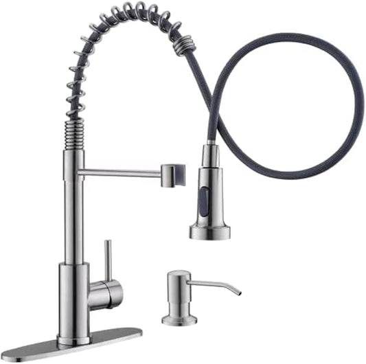 GIMILI Kitchen Faucet with Soap Dispenser, Commercial Single Handle Spring Brushed Nickel Pull Out Kitchen Sink Faucets with Pull Down Sprayer