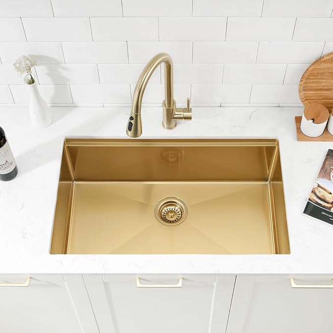 30 Inch Undermount Kitchen Sink Gold Stainless Steel Workstation Single Bowl 16 Gauge Over Counter Deep Kitchen Sink Basin