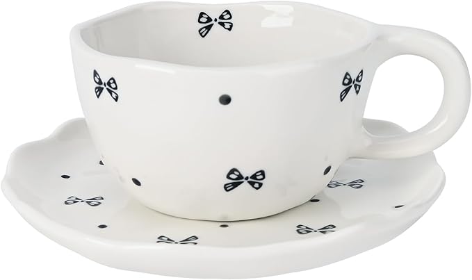 Koythin Ceramic Coffee Mug with Saucers, Handmade Flowers Mugs, Cute Cup for Girl Women, Aesthetic Tea Milk Cup with Handle, 8.5 oz/250 ml for Latte, Cocoa, Office, Home (Black Small Bow)