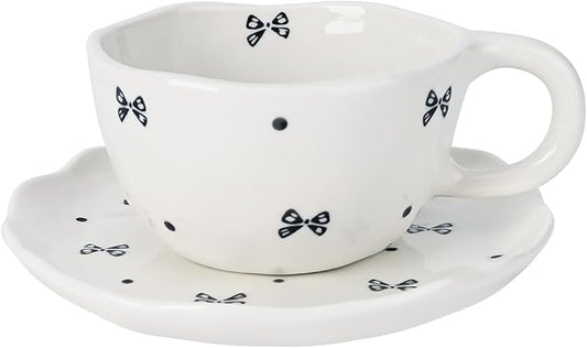 Koythin Ceramic Coffee Mug with Saucers, Handmade Flowers Mugs, Cute Cup for Girl Women, Aesthetic Tea Milk Cup with Handle, 8.5 oz/250 ml for Latte, Cocoa, Office, Home (Black Small Bow)