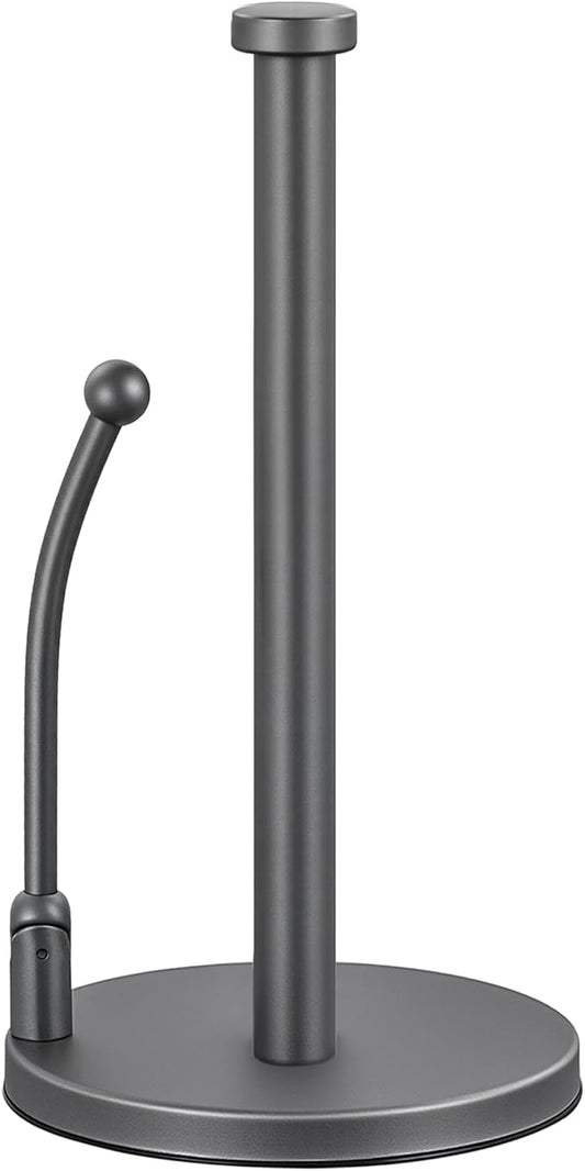 SMARTAKE Paper Towel Holder, Paper Towel Dispenser Standing Weighted Base Non Slip, Spring Arm for Easy Tear, Stainless Steel Paper Towel Holder for Home Kitchen Countertop Tabletop, Metallic Gray