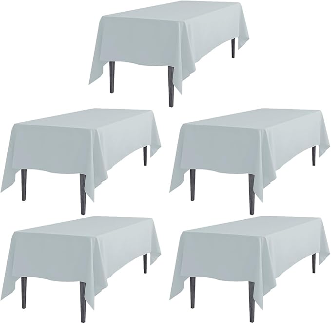 LTC LINENS 5 Pack Rectangular Tablecloths Silver 60 x 126 Inch for 8 ft Rectangle Banquet Tables with Half-Drop - Stain and Wrinkle Resistant Polyester Fabric Cloth Table Covers for Wedding, Party