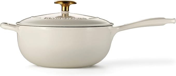 Tramontina Bestow Enameled Cast Iron Saucier Pan with Lid, 3-quart, Latte with Gold Knob