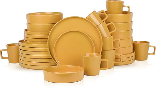 Stone Lain Cleo Modern Stoneware 32-Piece Dinnerware Set, Plates and Bowls Set, Pasta Bowls, Dish Set Service For 8, Yellow