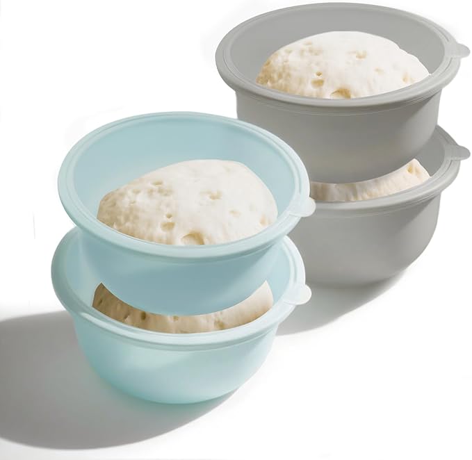 4Pcs Stackable Silicone Pizza Dough Proofing Proving Containers with Lids,Pizza Dough Proofing Box For Home Kitchen | Make 12" Pizzas 700ml(Grey+Blue)