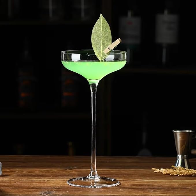 Crystal Cocktail Coupe Glasses, Long Stem, Hand Blown, 8 oz, Set of 4, Clear