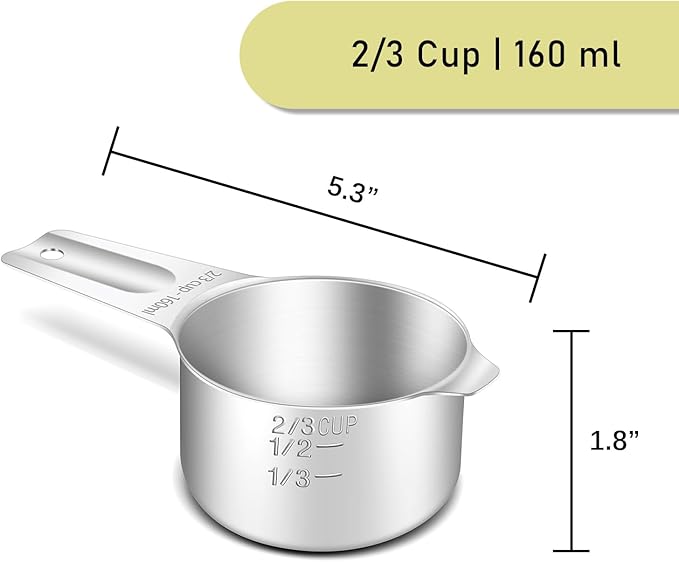 1PCS 2/3Cup (160ml, 5.3oz) Single Measuring Cup, Stainless Steel Measure Scoop, Metric and US Measurement, Heavy Duty, Dishwasher Safe