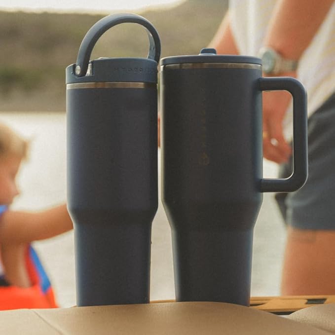 HydroJug Traveler - 40 oz Water Bottle with Handle & Flip Straw - Fits in Cup Holder, Leak Resistant Tumbler-Reusable Insulated Stainless Steel & Rubber Base - Gifts for Women & Men, Midnight