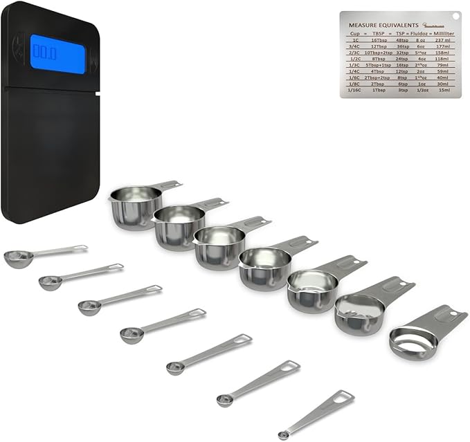 Stainless Steel Measuring Cups Used for Baking, Measuring Spoons and Kitchen Scale, 16-Piece Set, 6 Cups, 6 Spoons, Conversion Chart And Digital Kitchen Scale